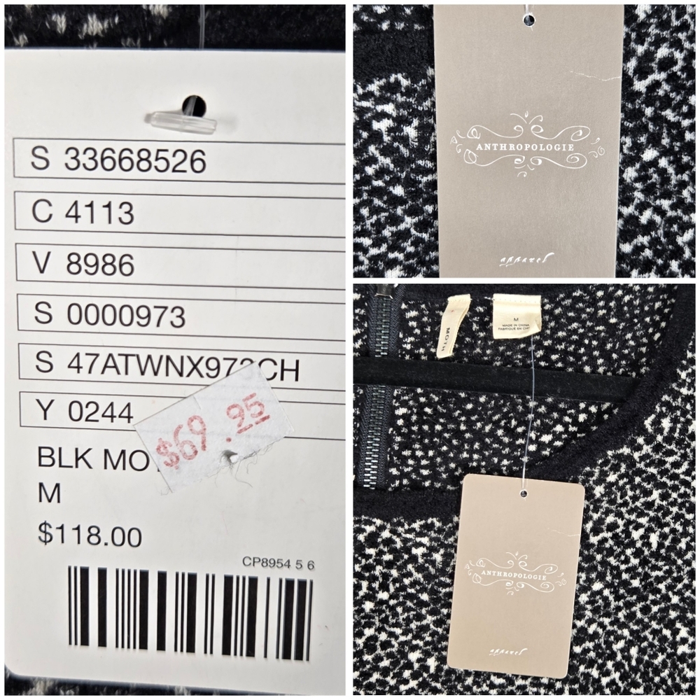 Moth Anthropologie Medium Lana Sweater Black White Chenille Fitted 3/4 Sleeve - Picture 15 of 16